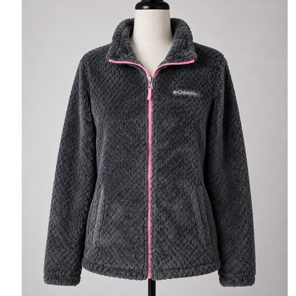 Columbia Fire Side II Sherpa Full Zip Fleece Jacket Grey Pink Girls L 14/16